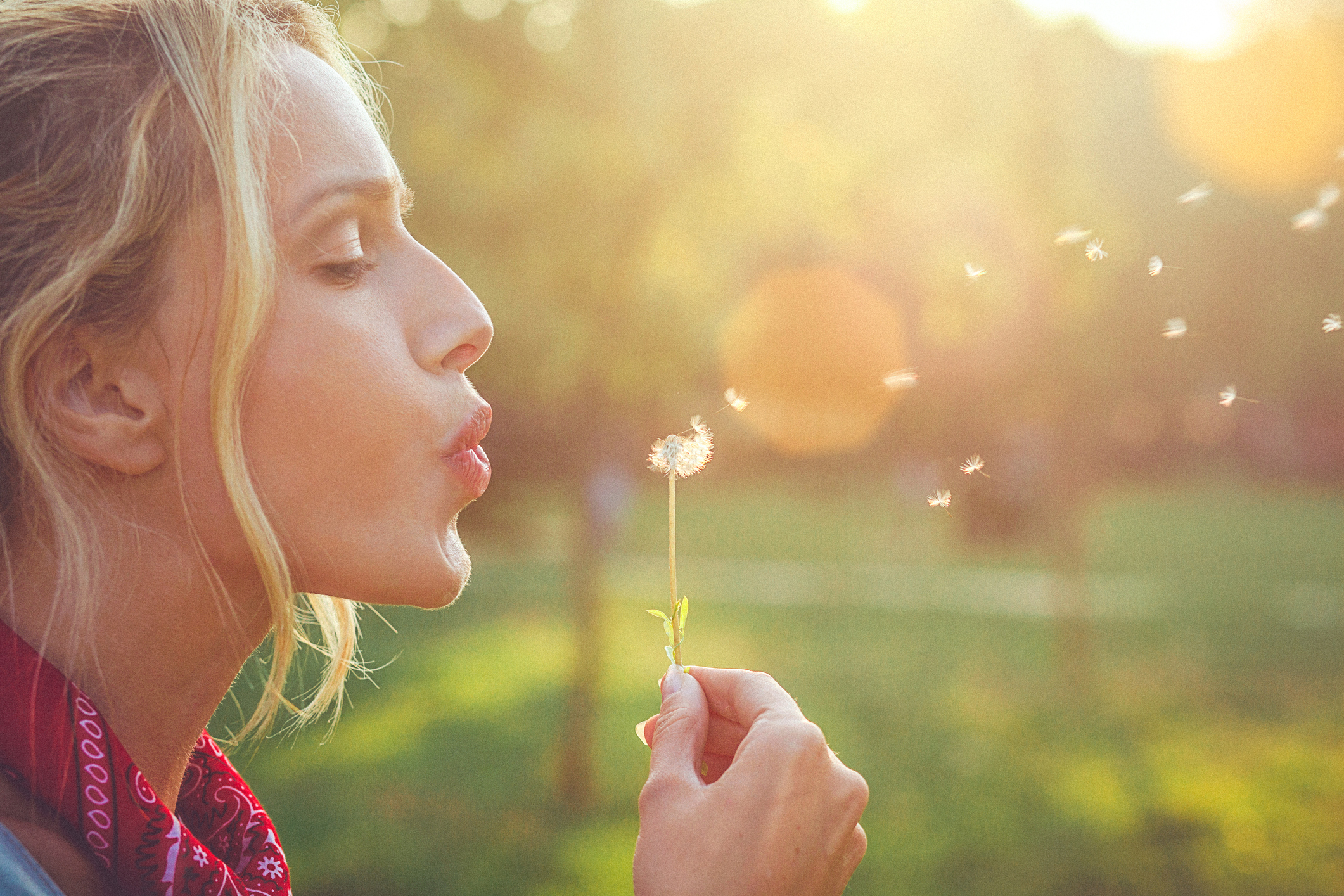 Woman blowing dandelion and enjoying fresh air