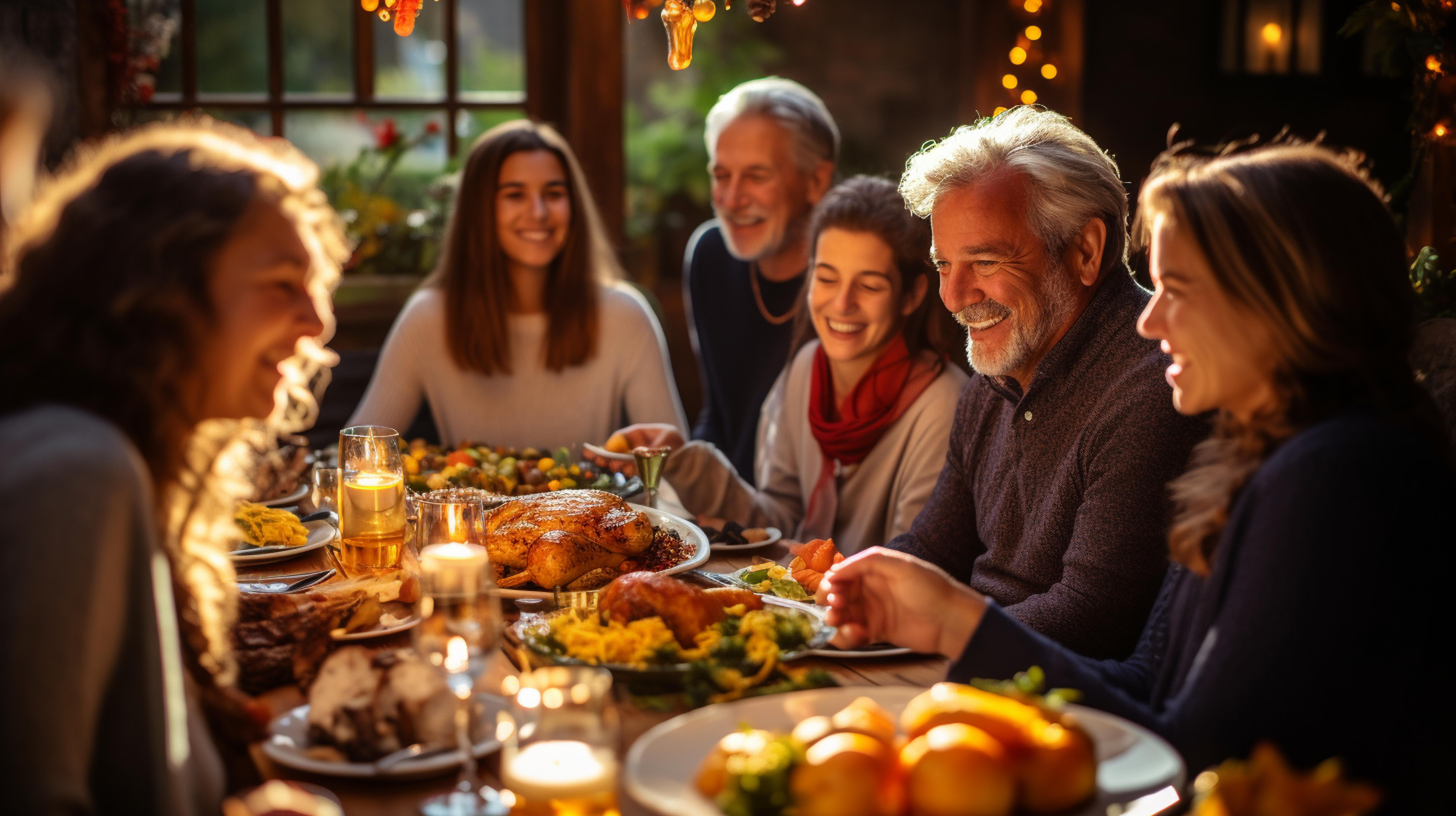 Family gathered around a thanksgiving table