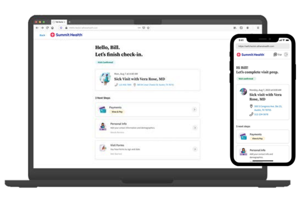 athena patient portal online self check-in on desktop and mobile