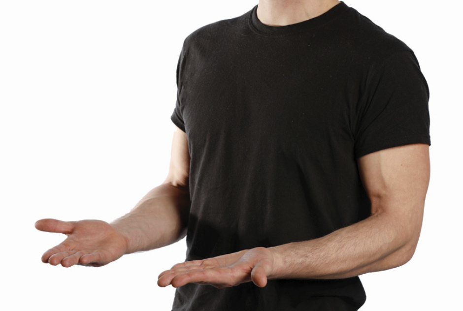 man with palms facing up