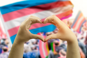 Hands making heart shape over transgender flag in background