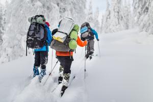 Three skiers walking through the wilderness with gear to prevent frostbite