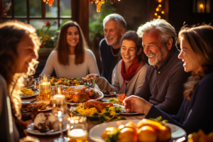 Family gathered around a thanksgiving table