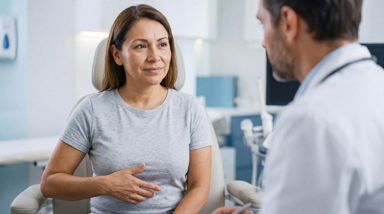 woman holding her stomach with digestive pain